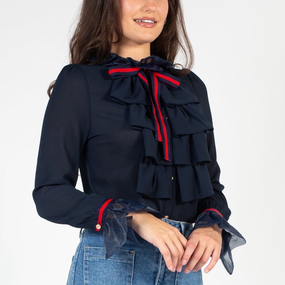Elegant Navy Ruffle Blouse - Picture 3 of 10